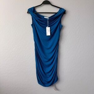 NWT Reformation Knit Dress Ruched Bodycon Cocktail Party Peacock‎ Blue L